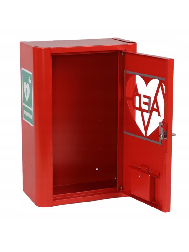 Szafka metalowa na Defibrylator AED zamykana na klucz  z naklejką  ML.RED ( CZERWONA RAL 3020 )