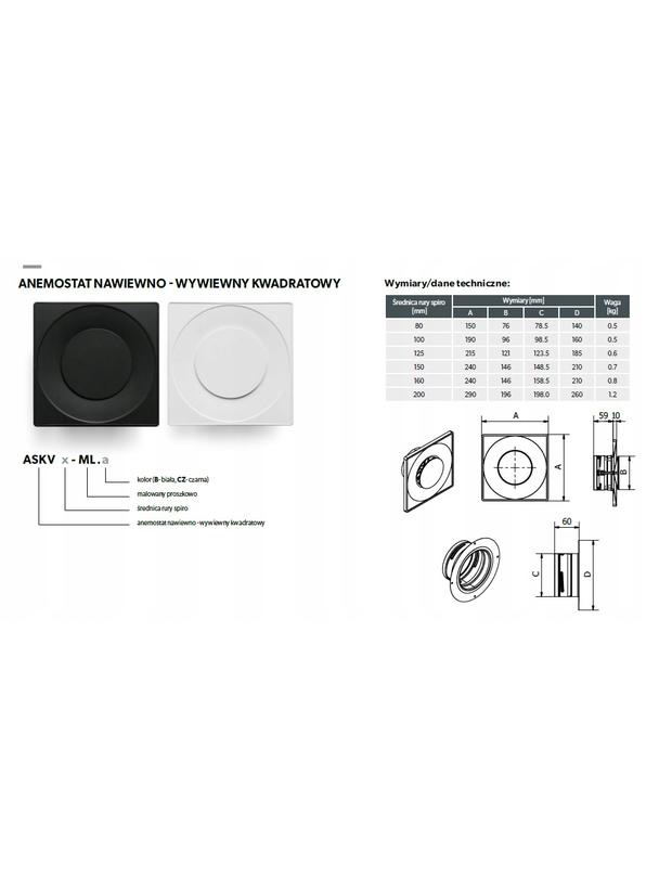 Anemostat kwadratowy ASKV200-ML.CZ (czarny) nawiewno-wywiewny
